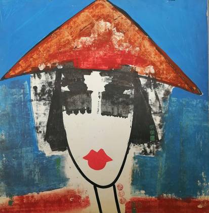 Портрет в красной шляпе на голубом фоне